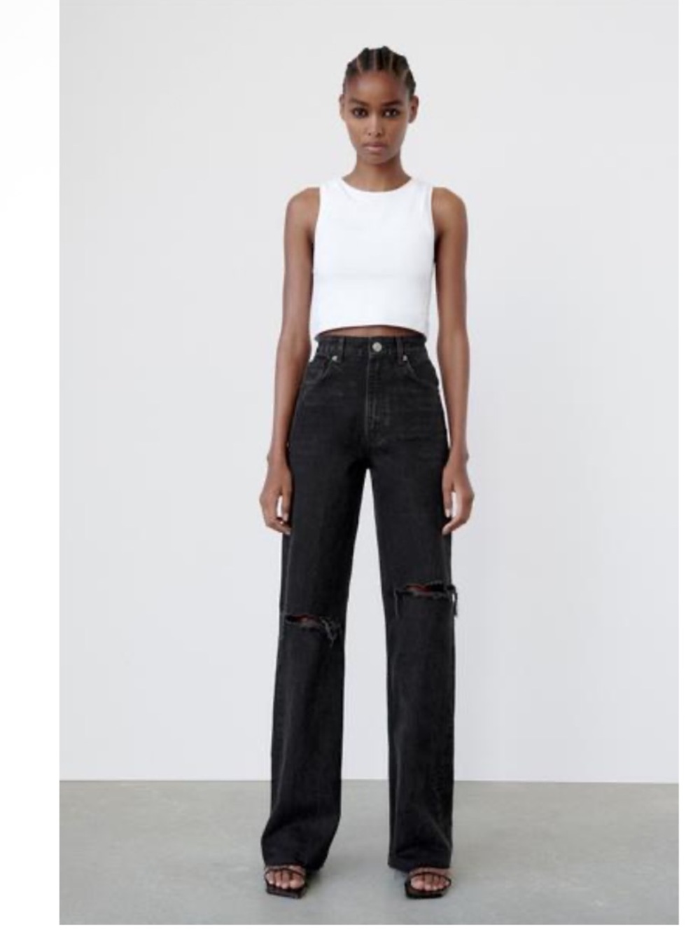 Zara Black Ripped Wide-Leg Jeans